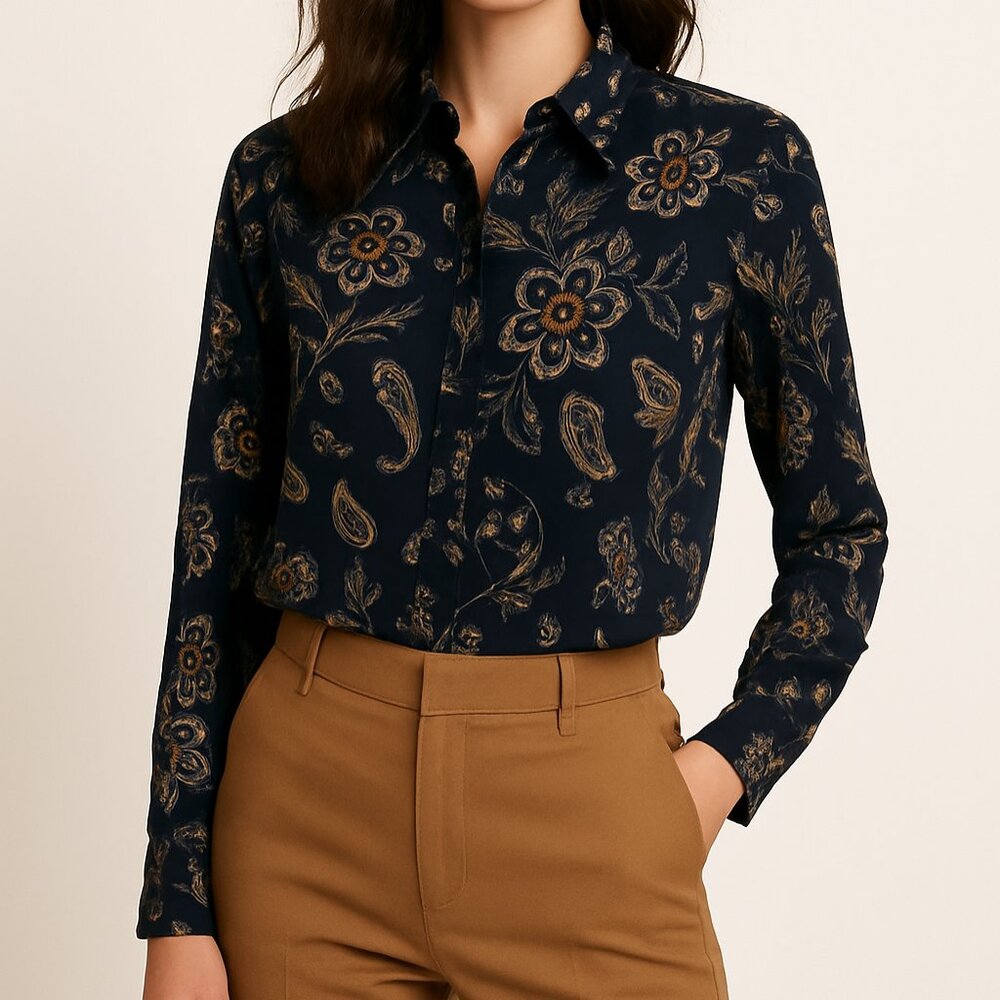 #51 SOYA CONCEPT | Navy Blue & Brown Floral Buttonup Blouse - Women's Small